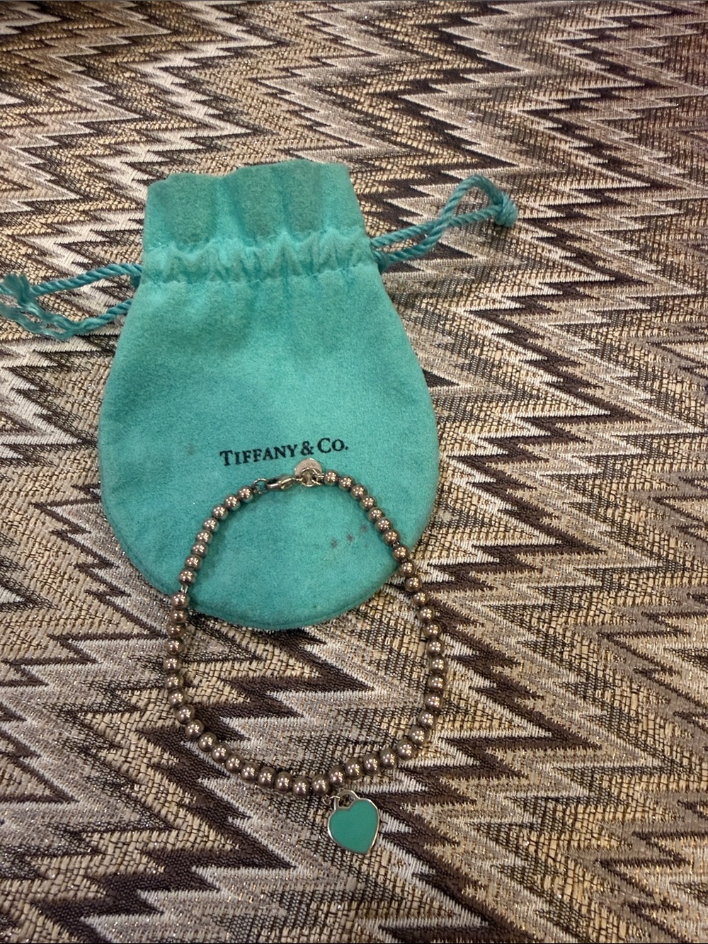 Tiffany & Co. Silver Bead Bracelet with Turquoise Heart Charm and Pouch